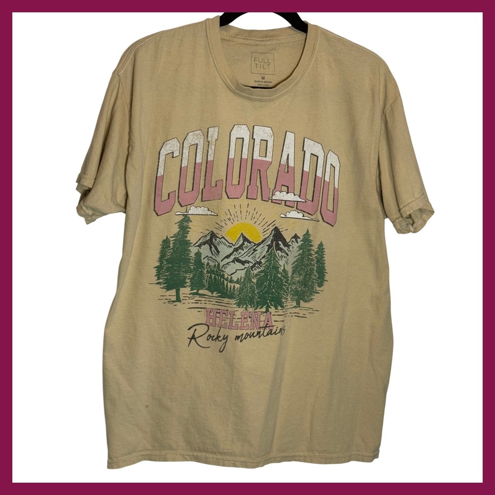Full Tilt Colorado Rocky Mountains Graphic Tee Tan Cotton Short Sleeve M
